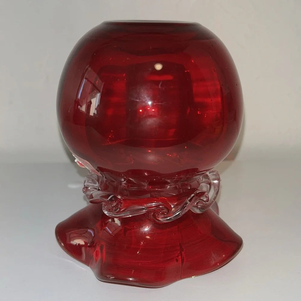 Viking Glass Ruby Red and Clear Ruffle Top Bud Glass Vase Marked